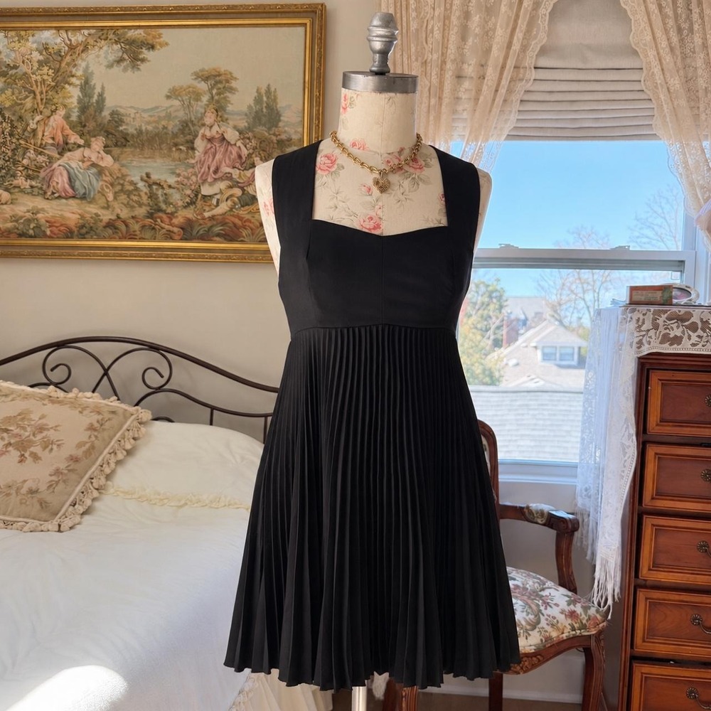 Black pleated mini dress  with square neckline a line cocktail dress